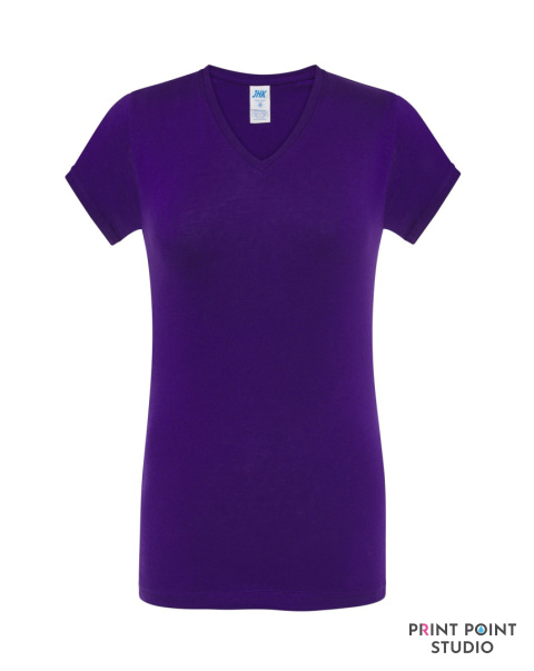 T-Shirt damski z krótkim rękawem i dekoltem V-neck fiolet T-Shirt damski z krótkim rękawem i dekoltem V-neck fiolet